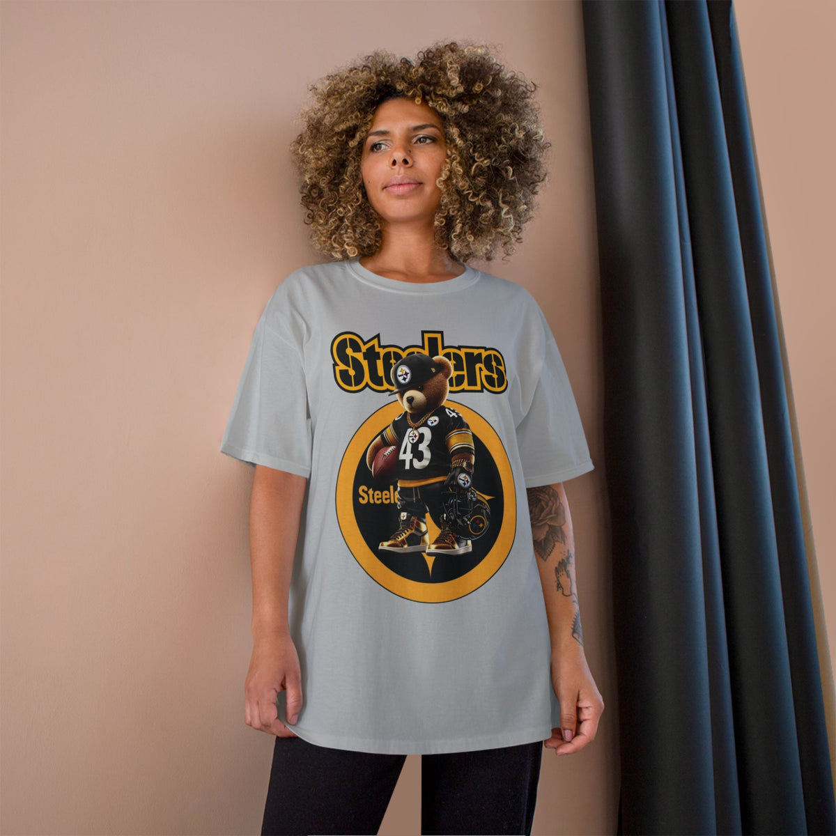 Steelers Champion T-Shirt with Football Bear Design - Casual Graphic Tee for Sport Lovers