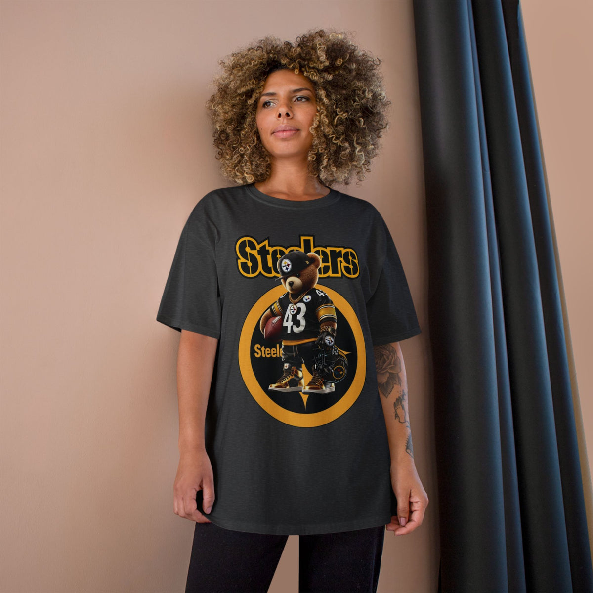 Steelers Champion T-Shirt with Football Bear Design - Casual Graphic Tee for Sport Lovers